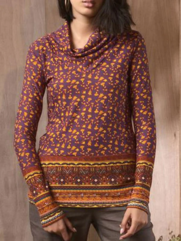 Floral Long Sleeve Cowl Neckline Shirt Blouse Elegant Longline Short Shirt