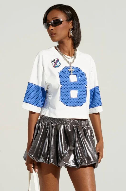 FRONT RUNNER RHINESTONE EMBELLISHED CROPPED TSHIRT Classic Short Sleeve Tunic