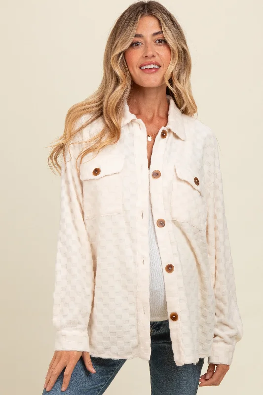 Ivory Checker Plaid Button Down Maternity Shirt Fashionable Short Sleeve Vest