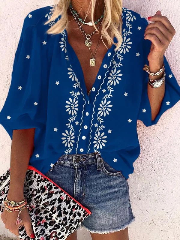 Leisure Flower Printed Deep V Shirt Cozy Plain Short Sleeve