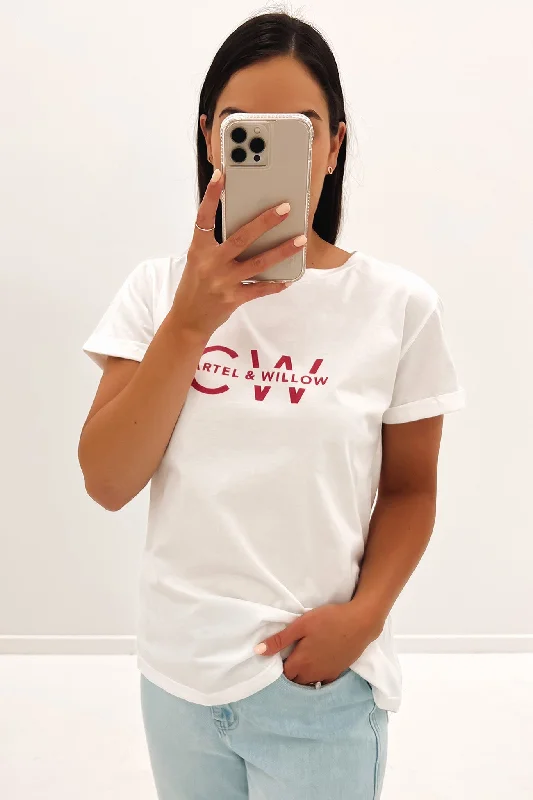 Marlo Tee White Raspberry Zippered Buttoned Snapped