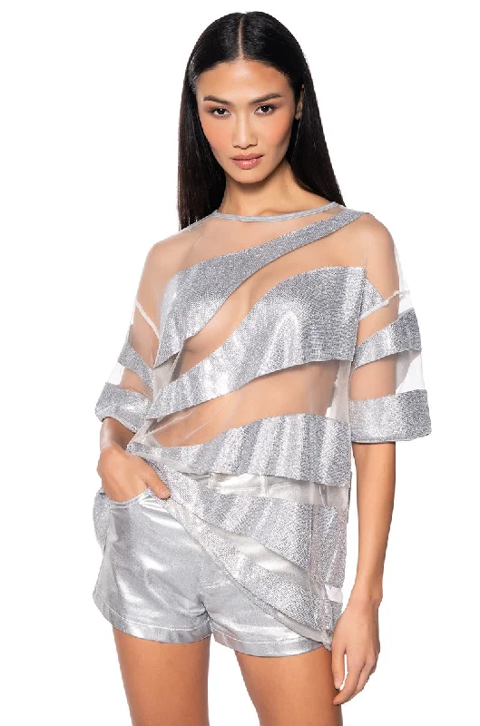 MIRACLES HAPPEN RHINESTONE EMBELLISHED BOXY TEE IN SILVER MULTI Elasticated Padded Insulated