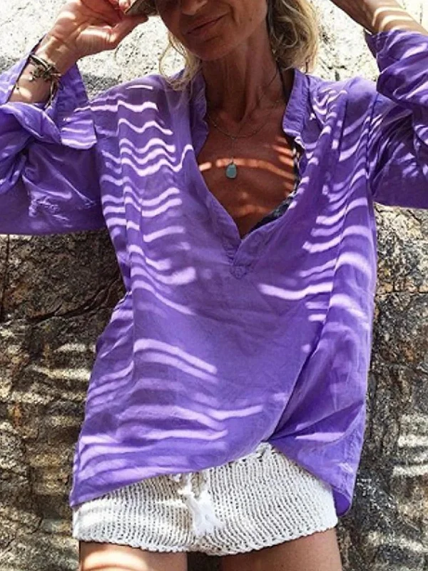 Purple Shirt Collar Casual Shirts & Tops Comfortable Fitted Short Sleeve