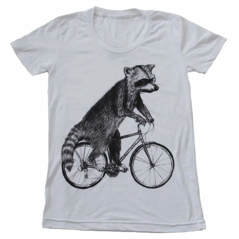 Raccoon on a Bicycle Women's Shirt Cozy Plain Short Sleeve