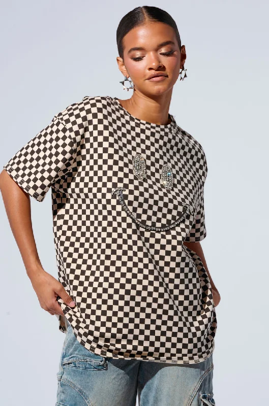 RHINESTONE SMILEY FACE OVERSIZED CHECKERED TSHIRT Chic V-Neck Short Blouse