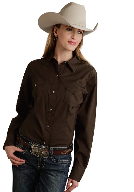 Roper Womens Brown Solid Long Sleeve Western Snap Shirt Soft Cotton Short Tee