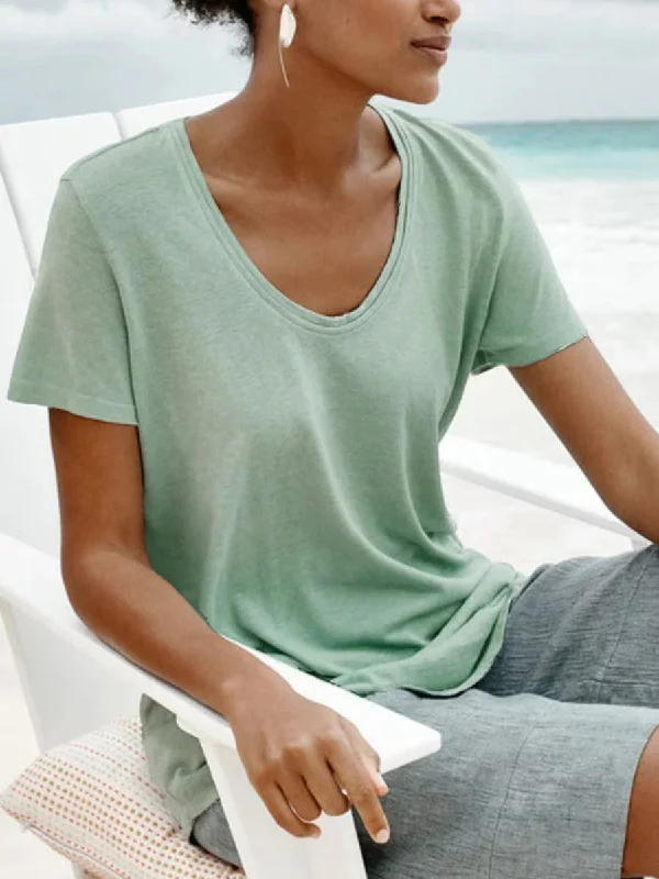 Round Neck Short Sleeve Solid Casual Shirts Casual Ruffle Short Shirt