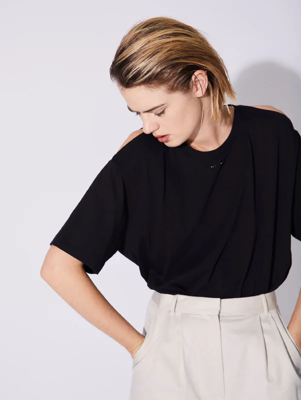 Tee-shirt à découpes en jersey de coton noir Casual Slouchy Short Sleeve