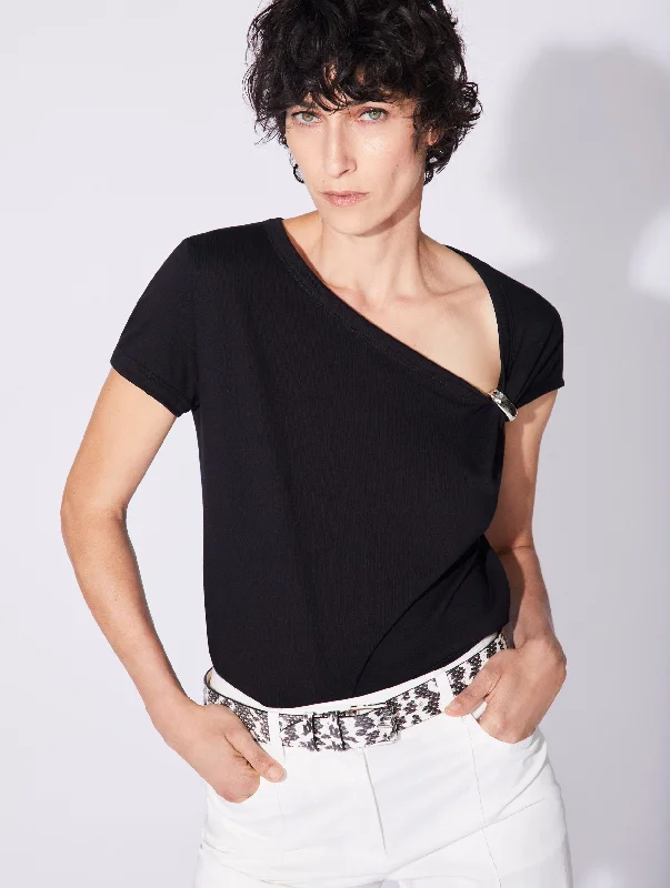 Tee-shirt drapé en jersey de coton noir Chic Embellished Short Sleeve
