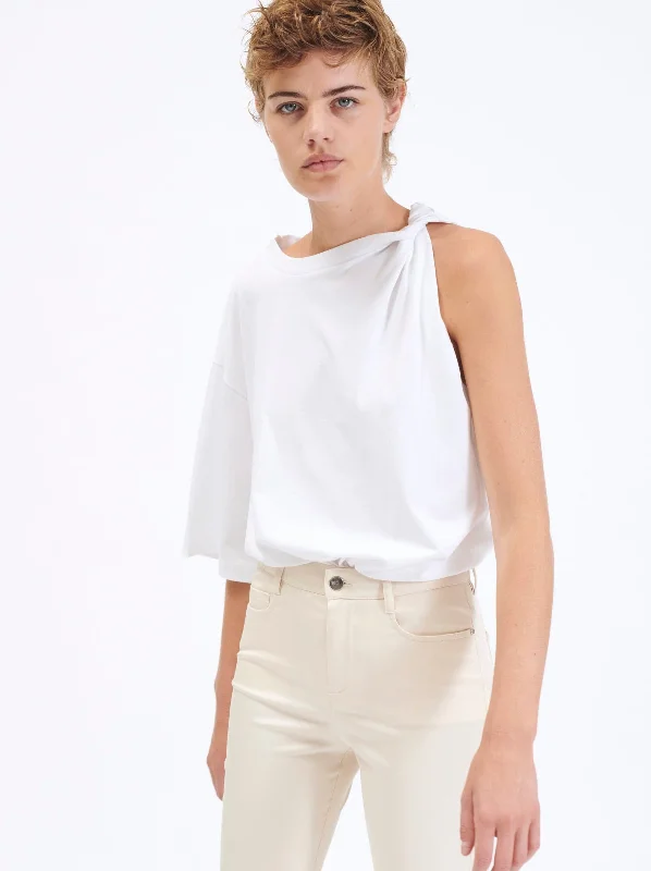 Tee-shirt en jersey de coton bord roulotté Trendy Short Sleeve Blouse