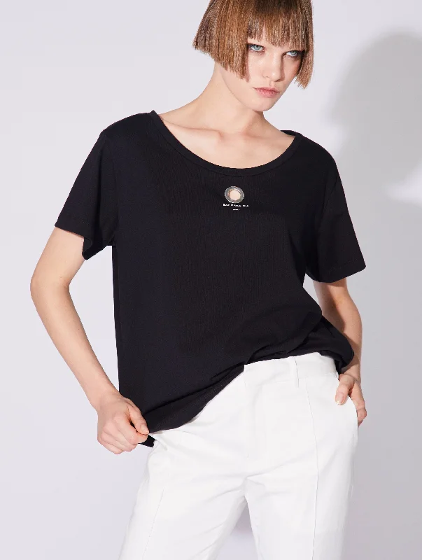 Tee-shirt manches courtes en jersey de coton noir Elegant Draped Short Sleeve