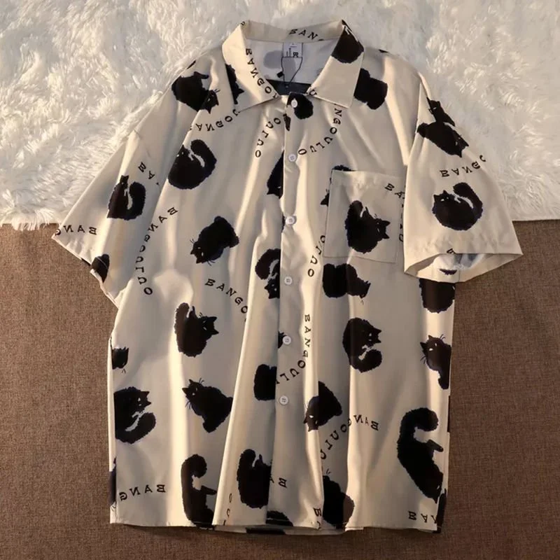 Women's black cat graphic hawaiian shirt Elegant Draped Short Shirt