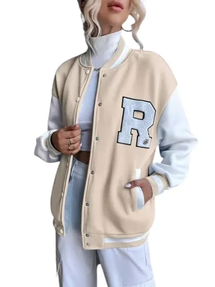 A to Z CREATION Stylish Long sleeve Letterman Varsity Jacket for Women (Medium, Beige) Zip Front Button Front Snap Front A to Z CREATION Stylish Long sleeve Letterman Varsity Jacket for Women (Medium, Beige) Zip Front Button Front Snap Front