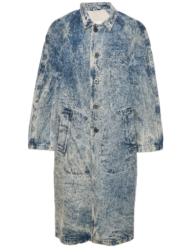 Acid Wash Extra Long Denim Jacket - M Welt Pockets Slit Pockets Flap Pockets