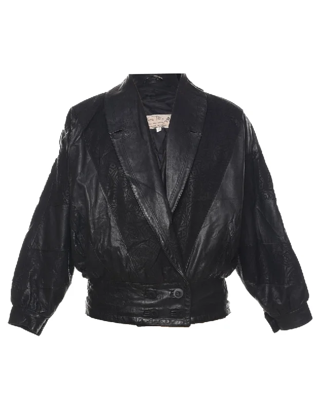 Black Leather Jacket - L Ribbed Jacket Pleated Jacket Ruffled Jacket