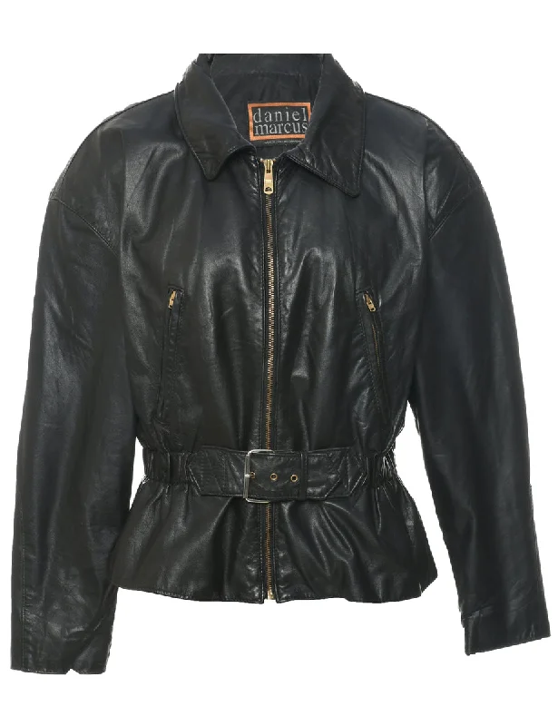 Black Leather Jacket - M Tailored Jacket Straight Jacket A-Line Jacket