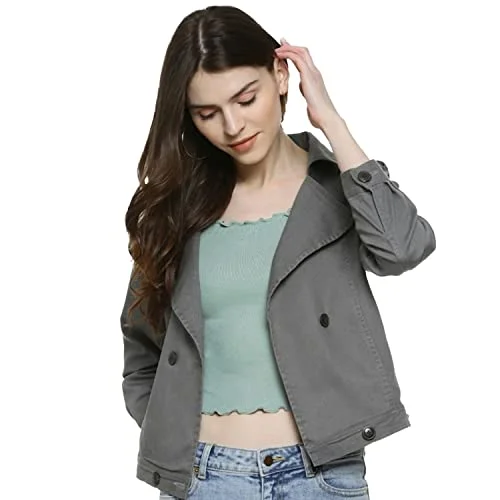 Campus Sutra Women’s Grey Dry-Washed Denim Cotton Jacket Regular Fit For Casual Wear | Collared Neck | Double-Breasted | Stylish Jacket Crafted With Comfort Fit & High Performance For Everyday Wear Notch Collar Peter Pan Collar Cowl Neck Campus Sutra Women’s Grey Dry-Washed Denim Cotton Jacket Regular Fit For Casual Wear | Collared Neck | Double-Breasted | Stylish Jacket Crafted With Comfort Fit & High Performance For Everyday Wear Notch Collar Peter Pan Collar Cowl Neck