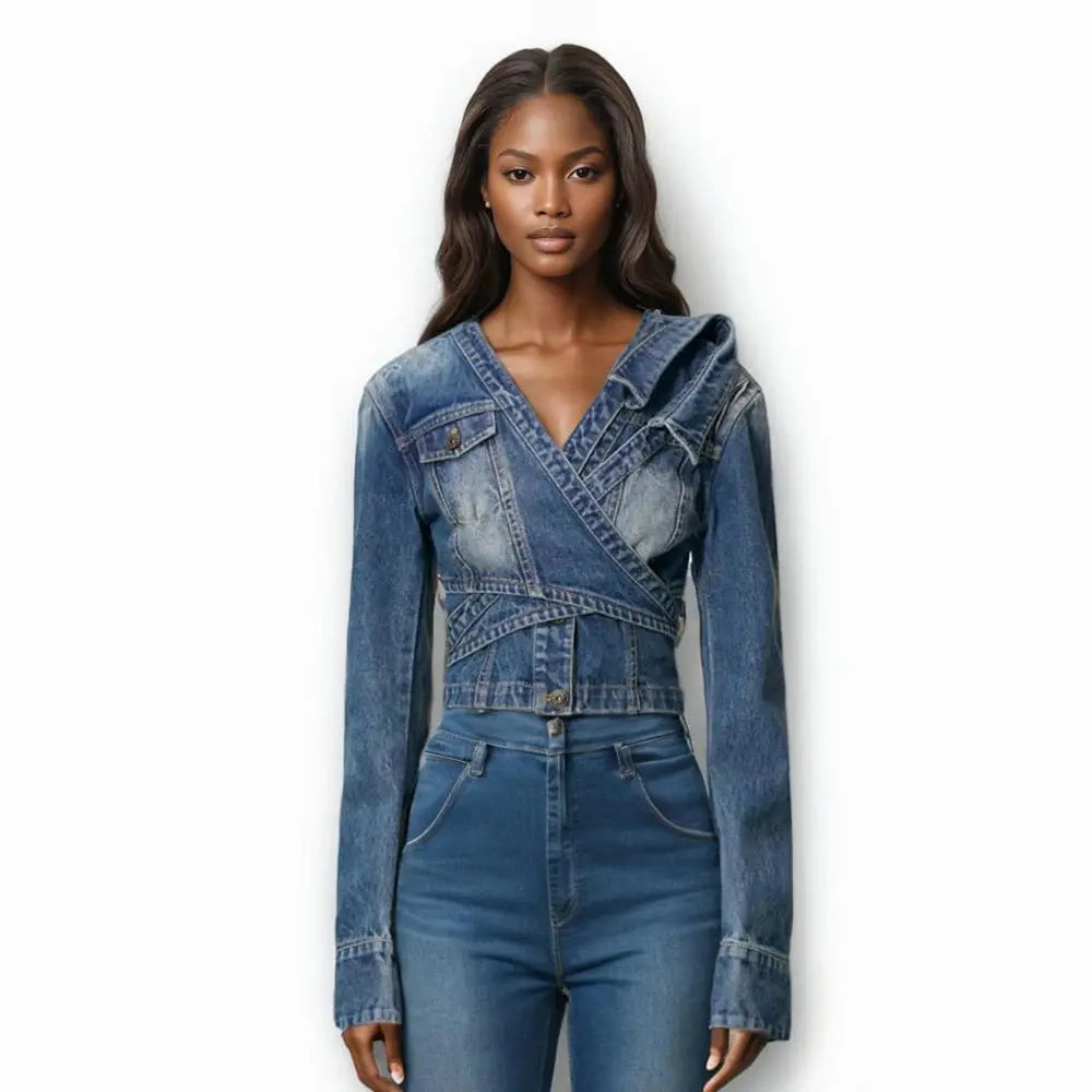 FZ Women's V Neck Long Sleeve Patchwork Lace Up Streetwear Short Denim Jacket Belted Jacket Elasticated Jacket Padded Jacket FZ Women's V Neck Long Sleeve Patchwork Lace Up Streetwear Short Denim Jacket Belted Jacket Elasticated Jacket Padded Jacket