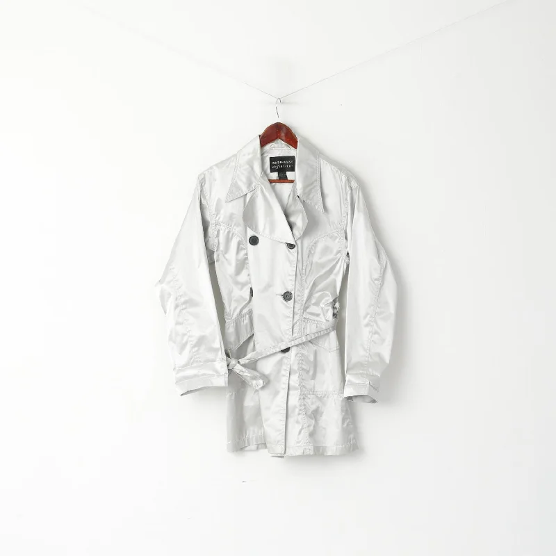 Warehouse Definitive Women 12 M Jacket Silver Pockets Belted Casual Trench Top Zippered Front Buttoned Front Snap Front Warehouse Definitive Women 12 M Jacket Silver Pockets Belted Casual Trench Top Zippered Front Buttoned Front Snap Front