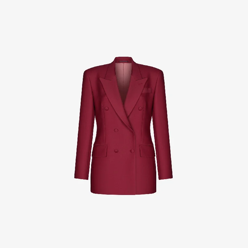DOUBLE-BREASTED TUXEDO JACKET IN BORDEAUX WOOL TWILL Toggled Jacket Drawstring Jacket Belted Jacket DOUBLE-BREASTED TUXEDO JACKET IN BORDEAUX WOOL TWILL Toggled Jacket Drawstring Jacket Belted Jacket