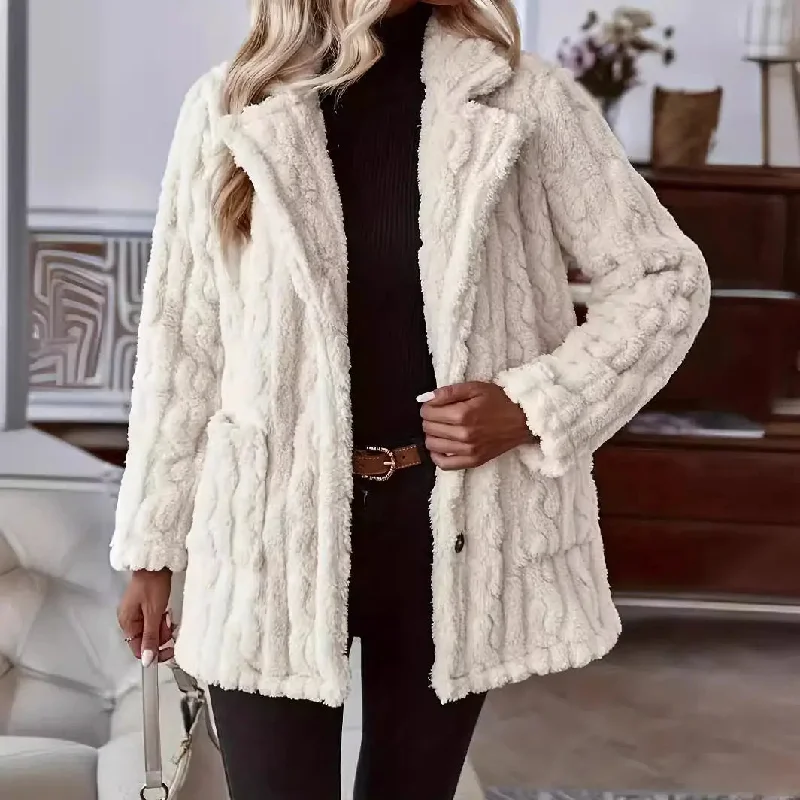 FZ Women's Double Sided Plush Water Ripple Button Jacket Bomber Jacket Anorak Windbreaker