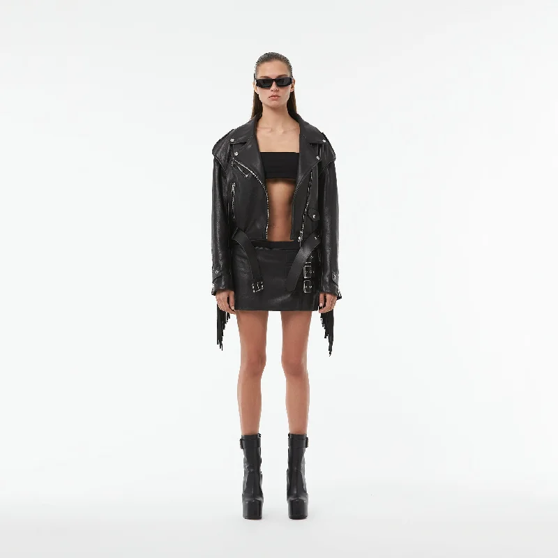 FRINGE LEATHER JACKET WITH METAL RIVETS Fleece Fabric Down Fabric Feather Fabric