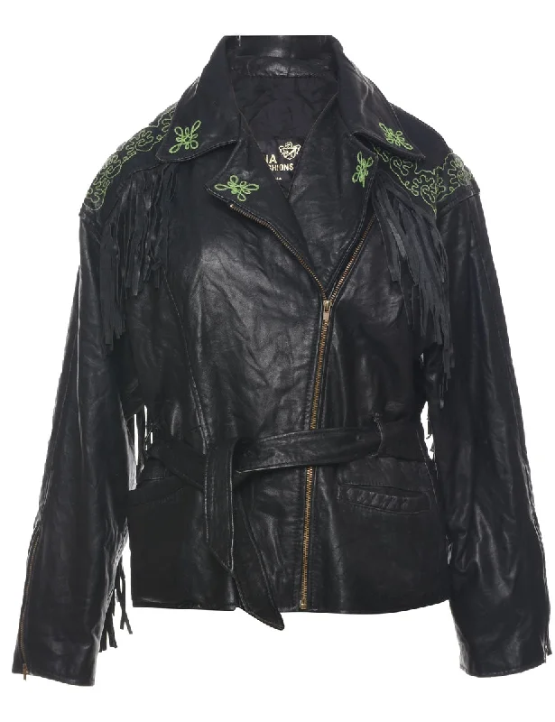 Fringed Embroidered Biker Style Leather Jacket - L Nylon Fabric Polyester Fabric Spandex Fabric Fringed Embroidered Biker Style Leather Jacket - L Nylon Fabric Polyester Fabric Spandex Fabric