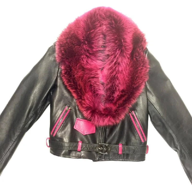 G-Gator Ladies Black & Pink Fox Collar Lambskin Biker Jacket One-Shoulder Jacket Off-the-Shoulder Jacket Asymmetrical Jacket G-Gator Ladies Black & Pink Fox Collar Lambskin Biker Jacket One-Shoulder Jacket Off-the-Shoulder Jacket Asymmetrical Jacket
