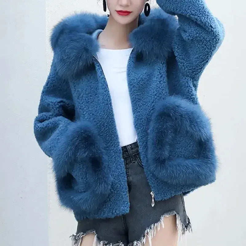 FZ Women's New Sheep Shearing Short Alpaca Fur Fox Fur Hooded Jacket One-Shoulder Jacket Off-the-Shoulder Jacket Asymmetrical Jacket FZ Women's New Sheep Shearing Short Alpaca Fur Fox Fur Hooded Jacket One-Shoulder Jacket Off-the-Shoulder Jacket Asymmetrical Jacket