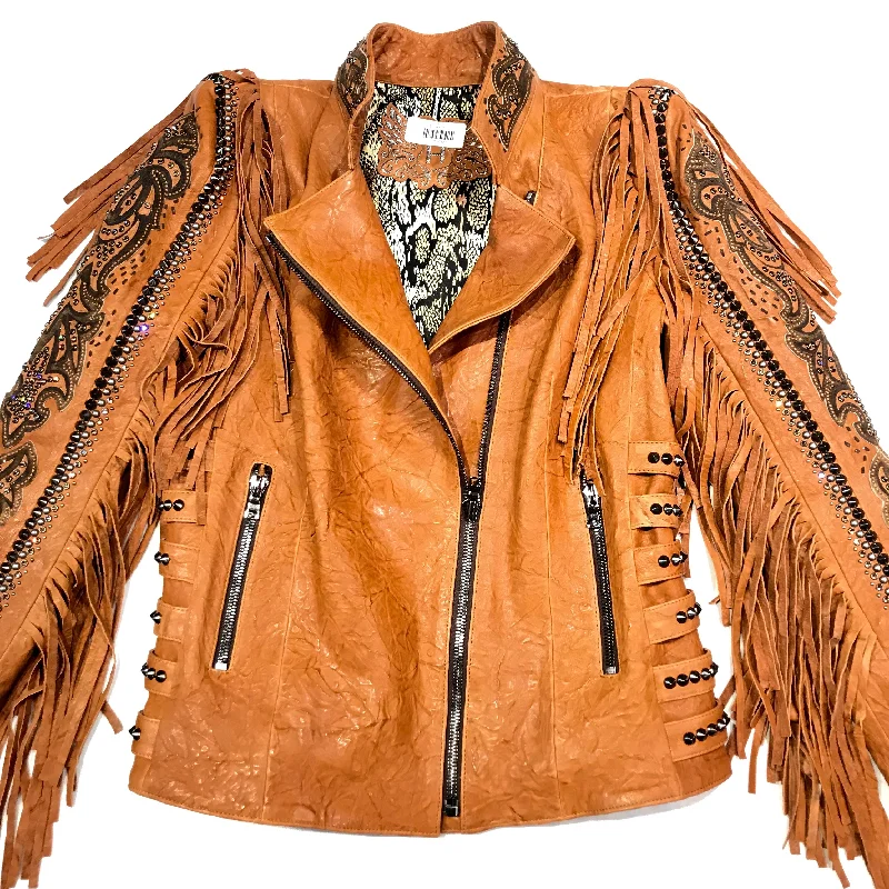 Kashani Cognac Swarovski Crystal Lambskin Studded Fringe Jacket Welt Pockets Slit Pockets Flap Pockets Kashani Cognac Swarovski Crystal Lambskin Studded Fringe Jacket Welt Pockets Slit Pockets Flap Pockets