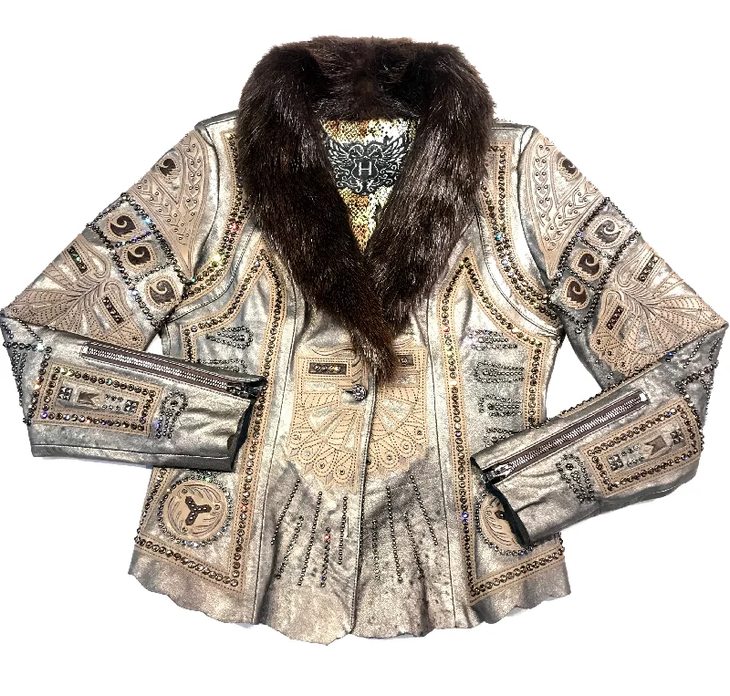 Kashani Mink Aztec Swarovski Crystal Jacket One-Shoulder Jacket Off-the-Shoulder Jacket Asymmetrical Jacket