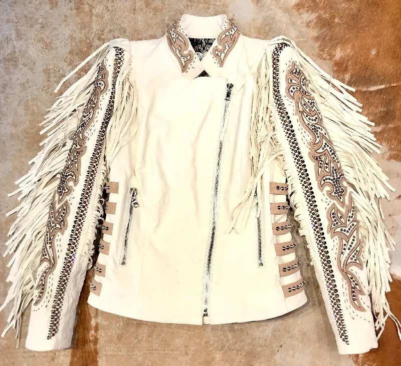 Kashani White Swarovski Crystal Lambskin Studded Fringe Jacket Belted Jacket Elasticated Jacket Padded Jacket Kashani White Swarovski Crystal Lambskin Studded Fringe Jacket Belted Jacket Elasticated Jacket Padded Jacket