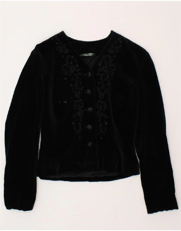 LAURA ASHLEY Womens Crop 5 Button Blazer Jacket UK 8 Small Black Floral Welt Pockets Slit Pockets Flap Pockets LAURA ASHLEY Womens Crop 5 Button Blazer Jacket UK 8 Small Black Floral Welt Pockets Slit Pockets Flap Pockets