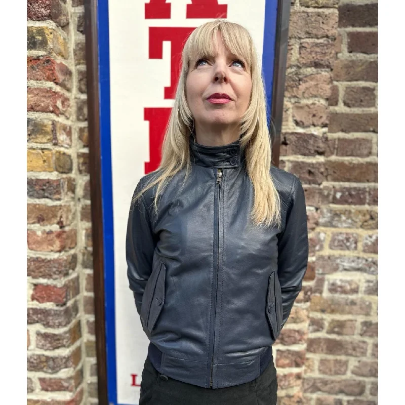 Modfather Clothing - Women's Dark Navy Leather - Harrington Jacket Zip Front Button Front Snap Front Modfather Clothing - Women's Dark Navy Leather - Harrington Jacket Zip Front Button Front Snap Front