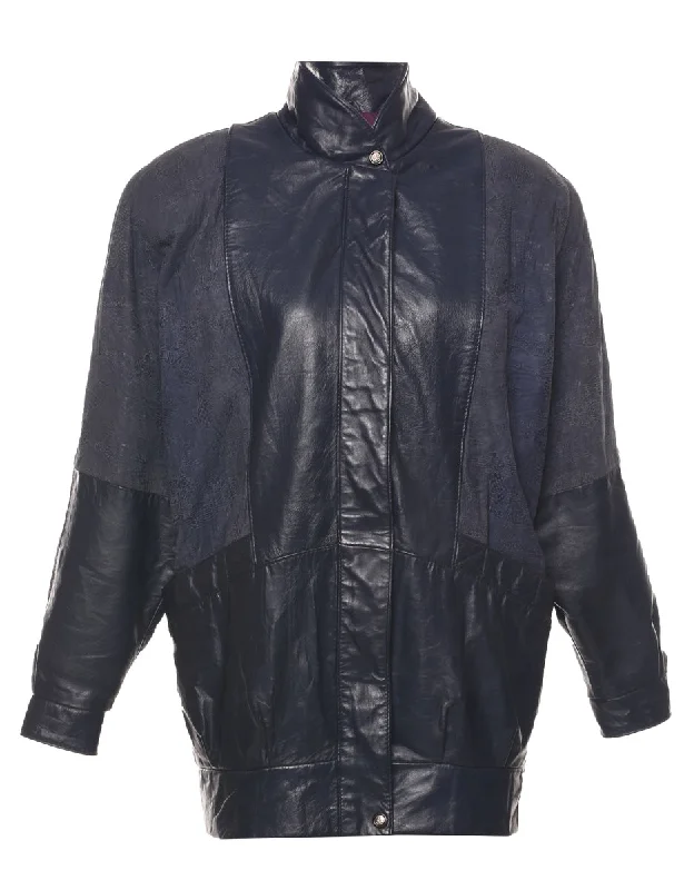 Navy Leather Jacket - L Collared Jacket Crew Neck Jacket Turtle Neck Jacket