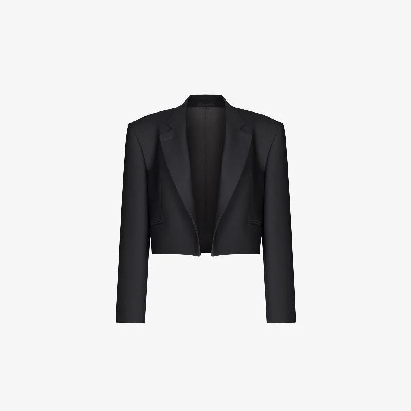 OPEN CROPPED JACKET IN BLACK GABARDINE Embroidered Jacket Appliqued Jacket Beaded Jacket OPEN CROPPED JACKET IN BLACK GABARDINE Embroidered Jacket Appliqued Jacket Beaded Jacket