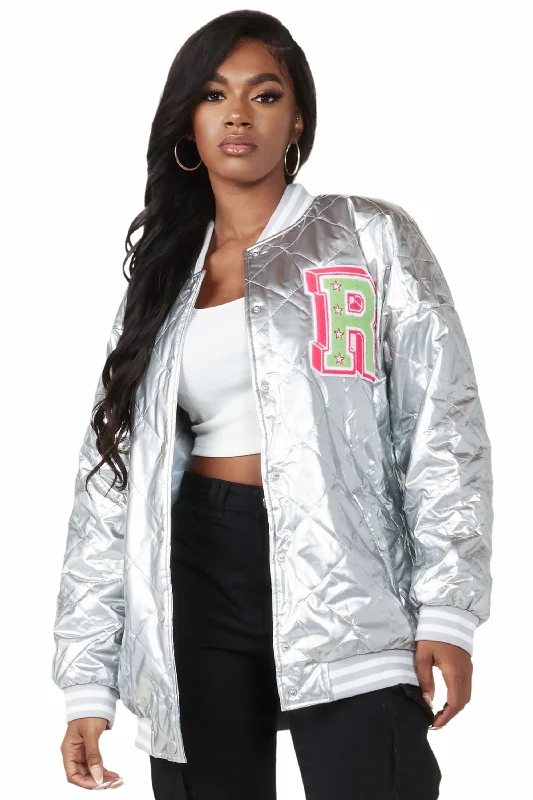 Eliana Silver Oversized Varsity Jacket Denim Jacket Leather Jacket Suede Jacket