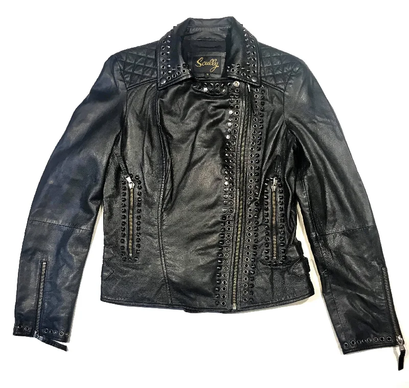 Scully Ladies Studded Spike Lambskin Biker Jacket One-Shoulder Jacket Off-the-Shoulder Jacket Asymmetrical Jacket Scully Ladies Studded Spike Lambskin Biker Jacket One-Shoulder Jacket Off-the-Shoulder Jacket Asymmetrical Jacket
