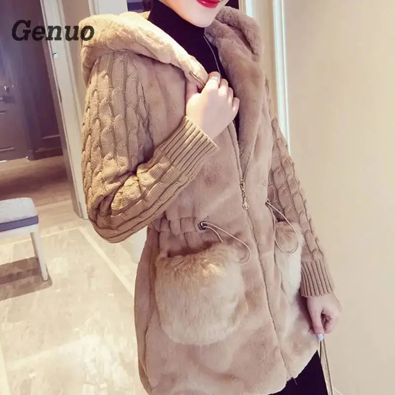 FZ Women's Stitching Plush Thick Hooded Knitted Rabbit Faux Fur Jacket Fleece Fabric Down Fabric Feather Fabric FZ Women's Stitching Plush Thick Hooded Knitted Rabbit Faux Fur Jacket Fleece Fabric Down Fabric Feather Fabric