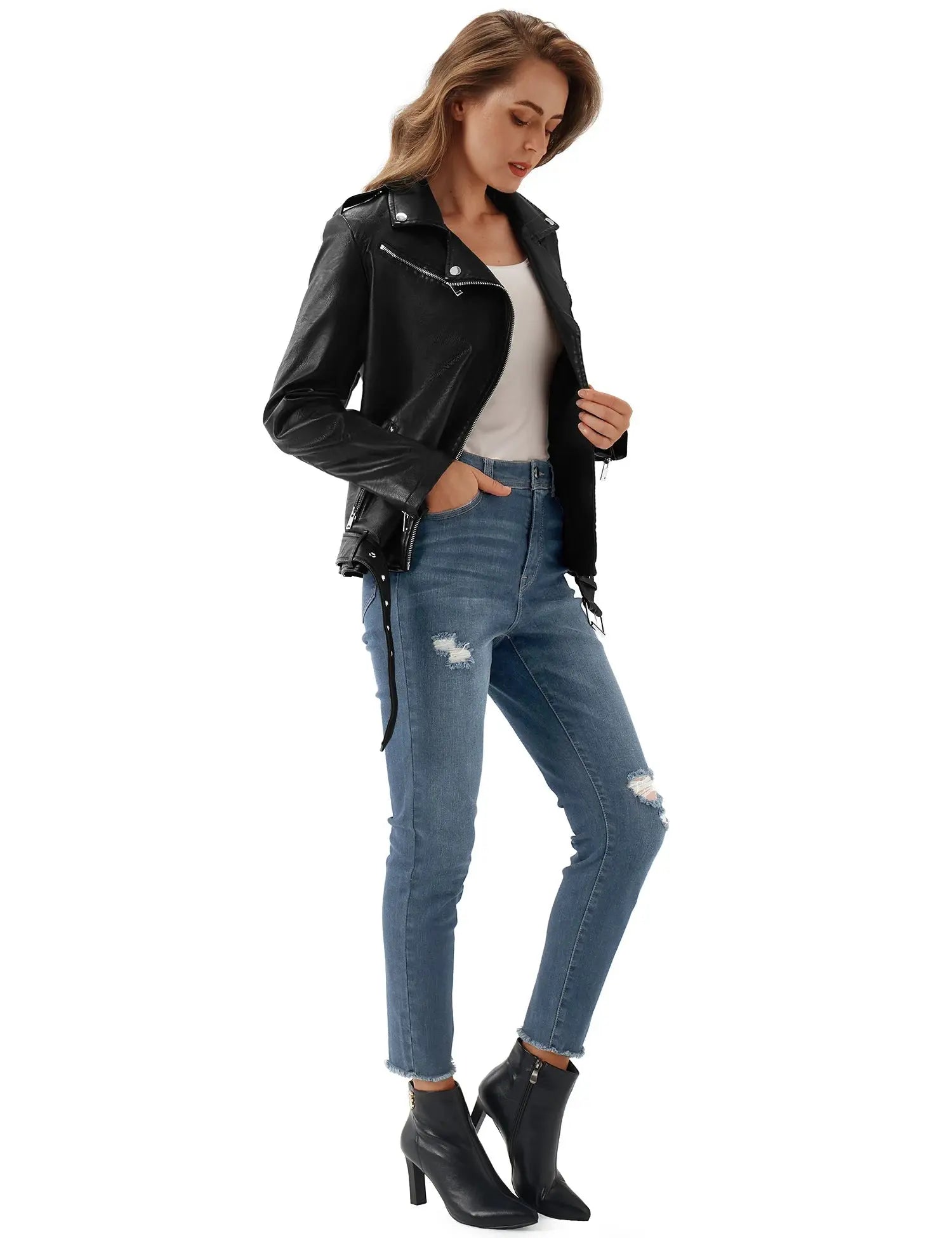 FZ Women's Faux Leather Black Motorcycle Short Jacket Hooded Jacket Caped Jacket Shawl Collar Jacket FZ Women's Faux Leather Black Motorcycle Short Jacket Hooded Jacket Caped Jacket Shawl Collar Jacket