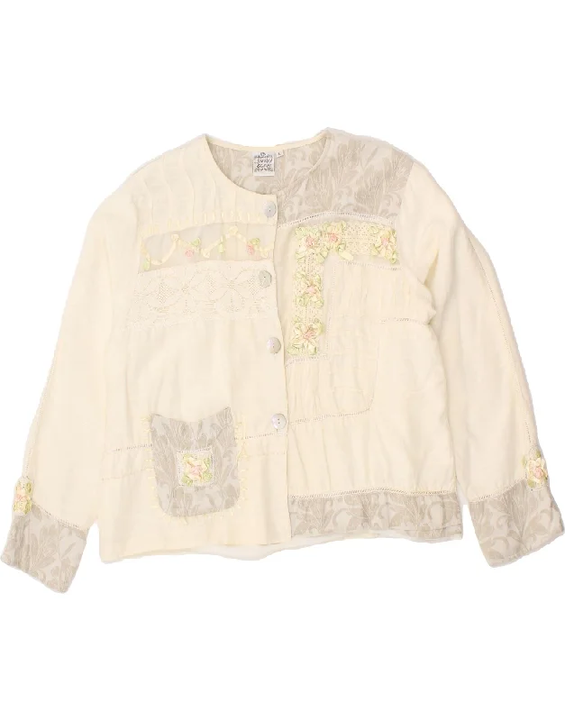 VINTAGE Womens 4 Button Blazer Jacket UK 16 Large Off White Floral Rayon Herringbone Jacket Checkered Jacket Solid Jacket VINTAGE Womens 4 Button Blazer Jacket UK 16 Large Off White Floral Rayon Herringbone Jacket Checkered Jacket Solid Jacket