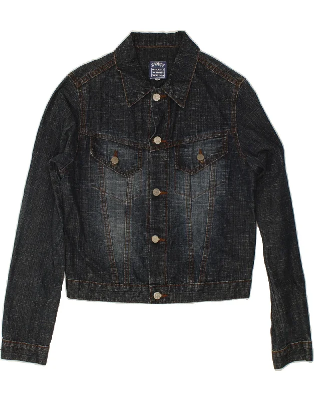 VINTAGE Womens Crop Denim Jacket UK 12 Medium Navy Blue Cotton Fabric Linen Fabric Terry Fabric VINTAGE Womens Crop Denim Jacket UK 12 Medium Navy Blue Cotton Fabric Linen Fabric Terry Fabric