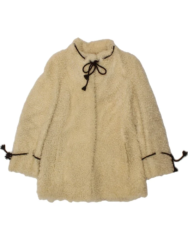 VINTAGE Womens Faux Fur Jacket UK 14 Medium Beige V-Neck Jacket Boat Neck Jacket Square Neck Jacket