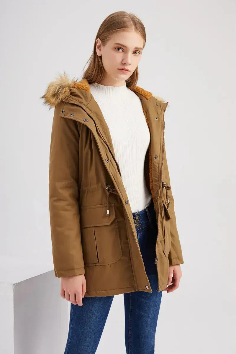 FZ Women's Fur Collar Slim Fleece Parka Hooded Jacket Zippered Jacket Buttoned Jacket Snapped Jacket FZ Women's Fur Collar Slim Fleece Parka Hooded Jacket Zippered Jacket Buttoned Jacket Snapped Jacket