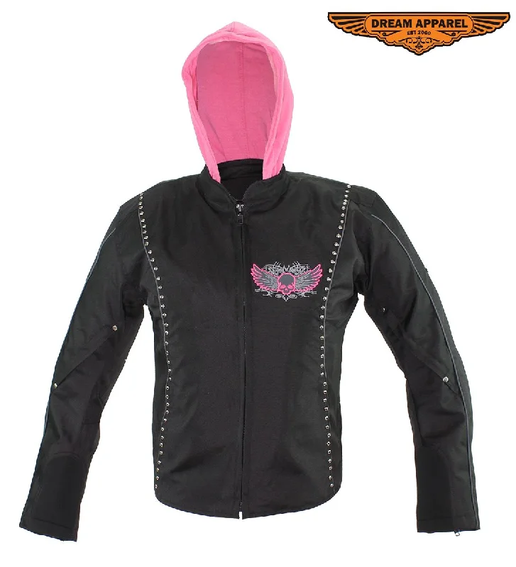 Women's Studed Motorcycle Textile Jacket With Pink Hoodie & Sull & Wings Striped Jacket Polka Dot Jacket Floral Jacket Women's Studed Motorcycle Textile Jacket With Pink Hoodie & Sull & Wings Striped Jacket Polka Dot Jacket Floral Jacket