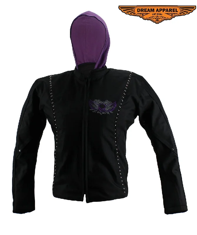 Women's Studed Motorcycle Textile Jacket With Purple Hoodie & Sull & Wings Oversized Jacket Tailored Jacket Straight Jacket Women's Studed Motorcycle Textile Jacket With Purple Hoodie & Sull & Wings Oversized Jacket Tailored Jacket Straight Jacket