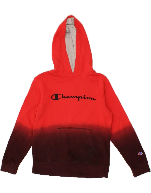 CHAMPION Womens Graphic Hoodie Jumper UK 14 Medium Red Colourblock Cotton Hoodie with Hem Frayed Vintage Worn