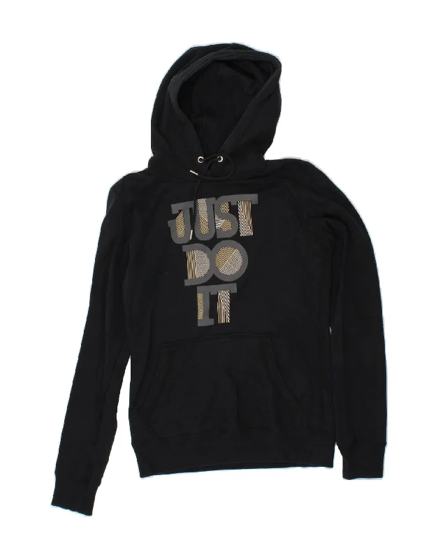 NIKE Womens Graphic Hoodie Jumper UK 10 Small Navy Blue Cotton Hoodie with Monochrome Minimalist Simple NIKE Womens Graphic Hoodie Jumper UK 10 Small Navy Blue Cotton Hoodie with Monochrome Minimalist Simple