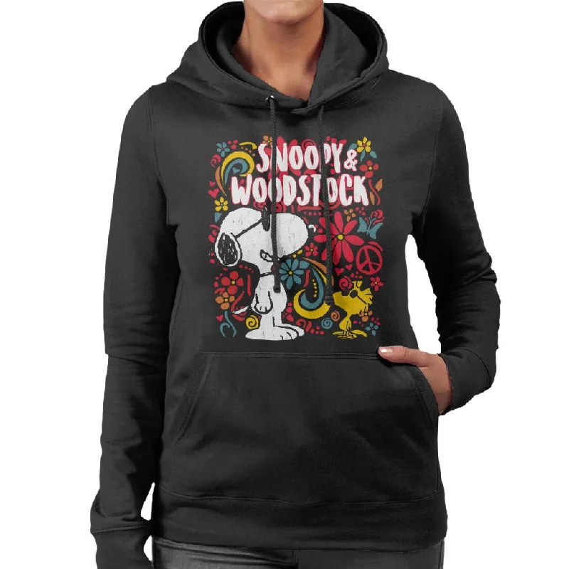 Peanuts 70s Floral Snoopy And Woodstock Women's Hooded Sweatshirt Hoodie with Fur Luxurious Winter Peanuts 70s Floral Snoopy And Woodstock Women's Hooded Sweatshirt Hoodie with Fur Luxurious Winter