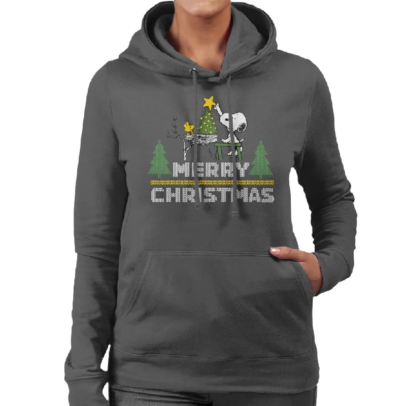 Peanuts Snoopy And Woodstock Decorating Xmas Tree Women's Hooded Sweatshirt Hoodie with Patch Decorative Personalized Peanuts Snoopy And Woodstock Decorating Xmas Tree Women's Hooded Sweatshirt Hoodie with Patch Decorative Personalized